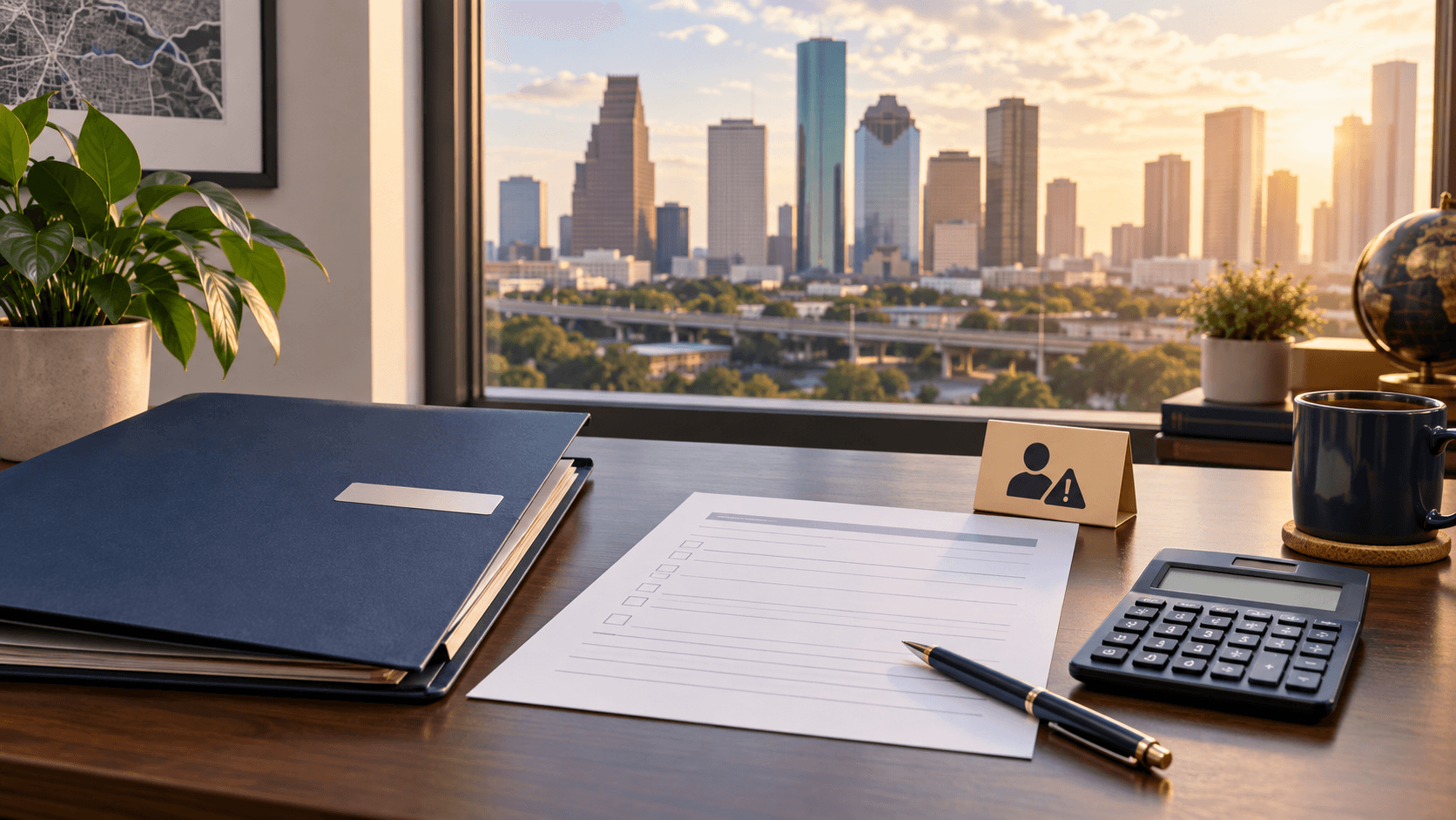 Vendor records, a blank information request sheet and calculator on a Houston office desk