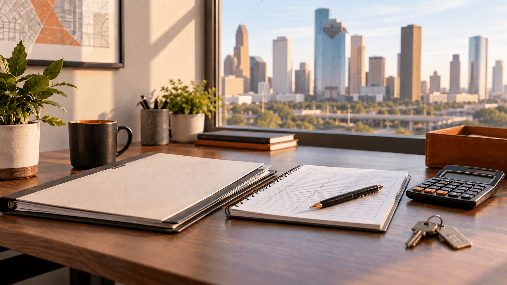 Commercial lease folder, rent ledger, calculator and keys on a Houston business desk