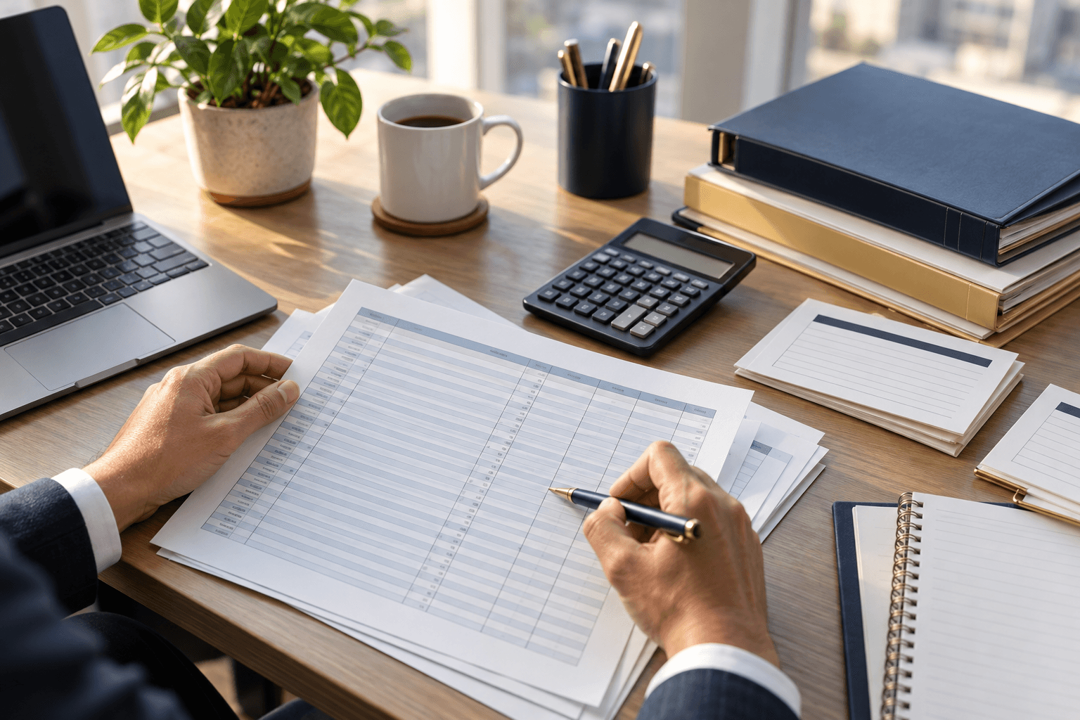 Accountant reconciling a contractor payment ledger with organized vendor records