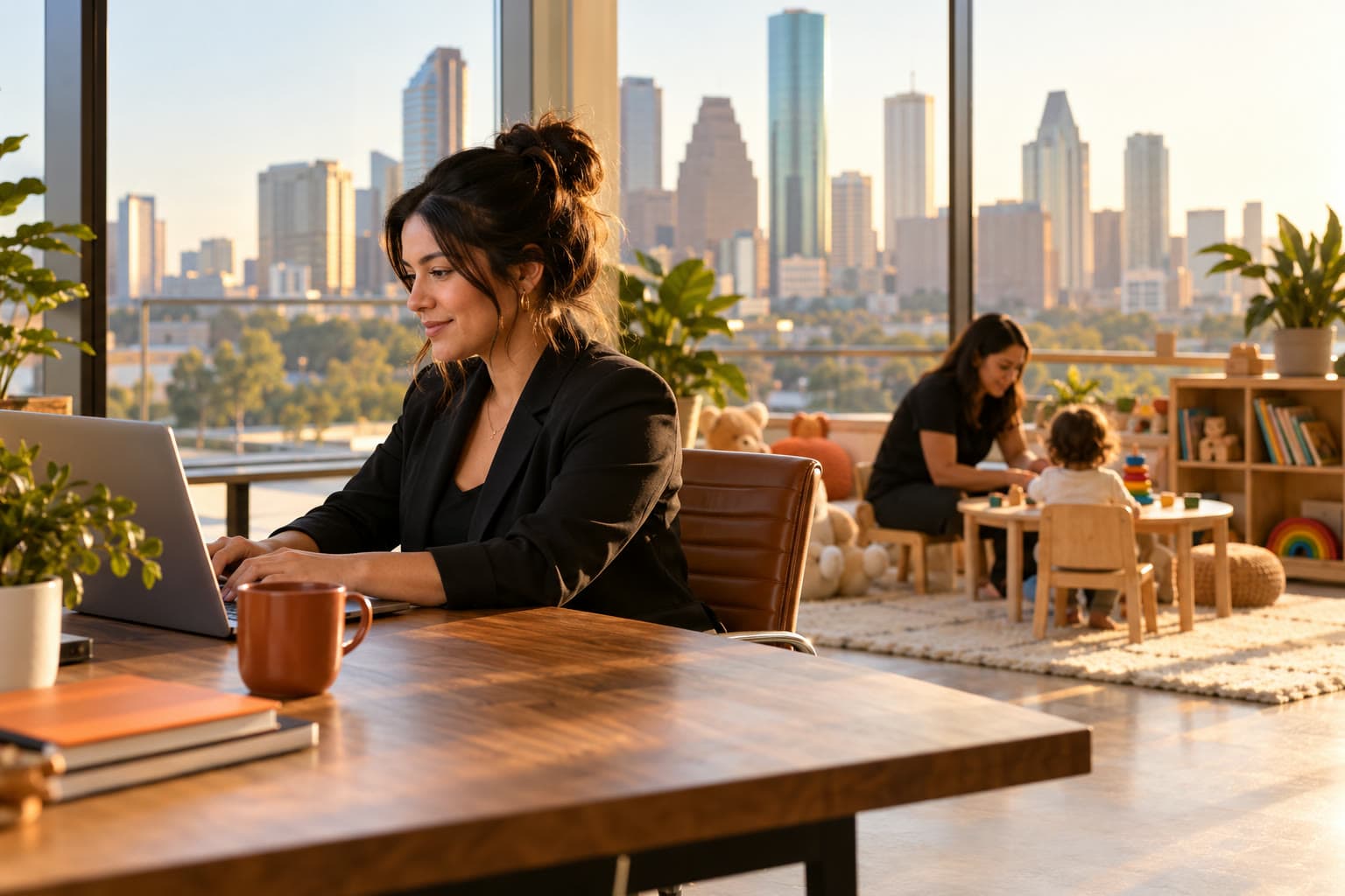 Employee working at her desk with an on-site childcare corner and the Houston skyline behind her