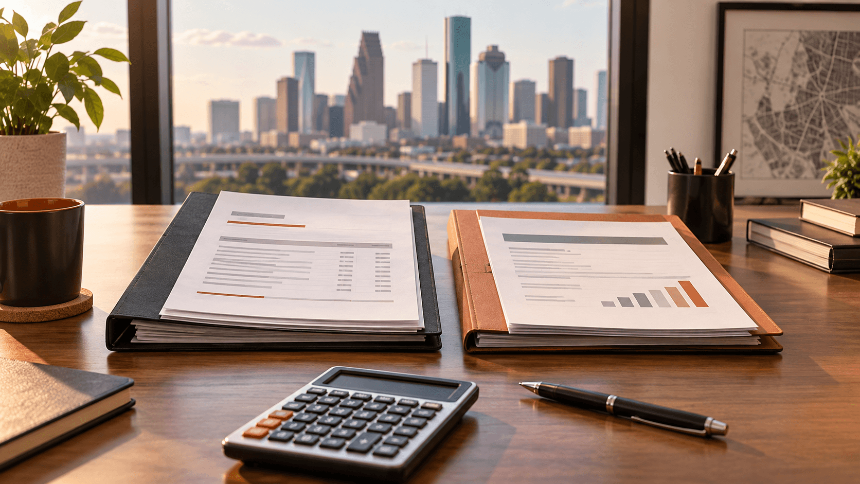 Separate legal invoice and settlement record folders with a calculator on a Houston office desk