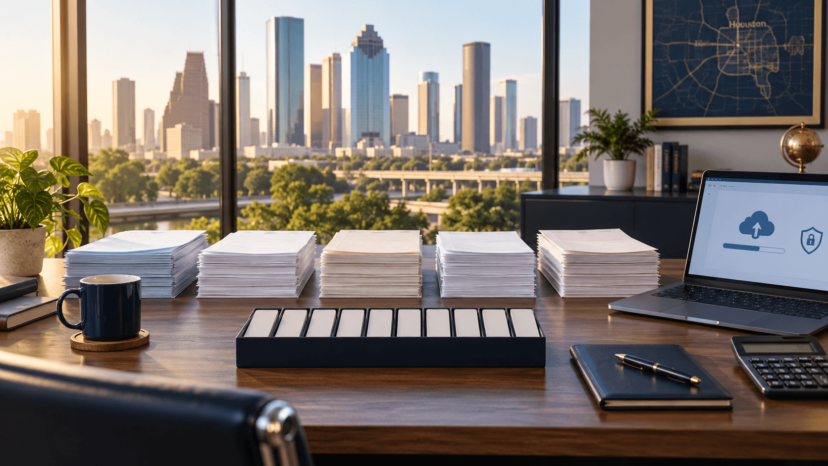 Ten blank record cards beside organized information-return files in a Houston office