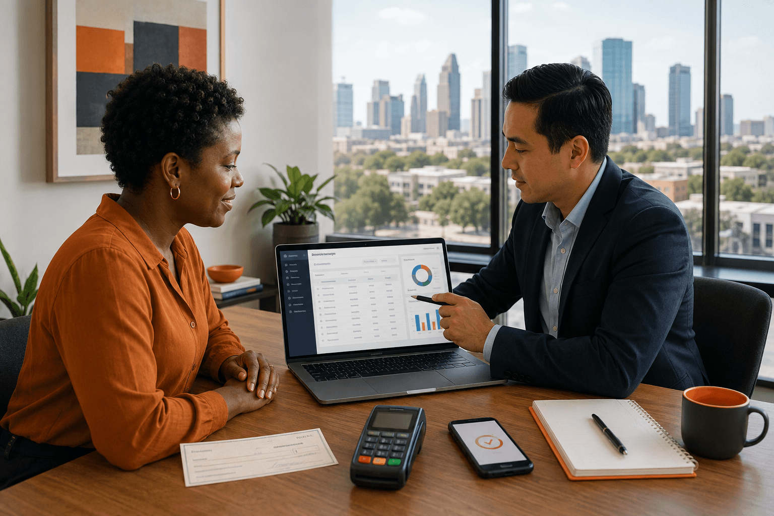 Houston small-business owner and accountant reviewing check, card and payment-app transactions