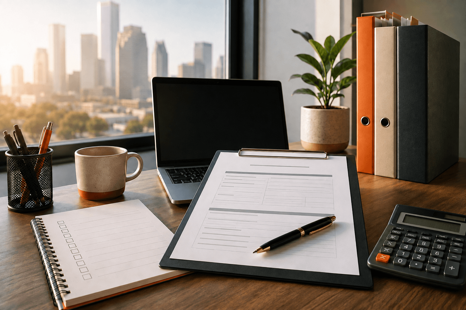 Small-business owner reviewing a contractor onboarding checklist in a Houston office