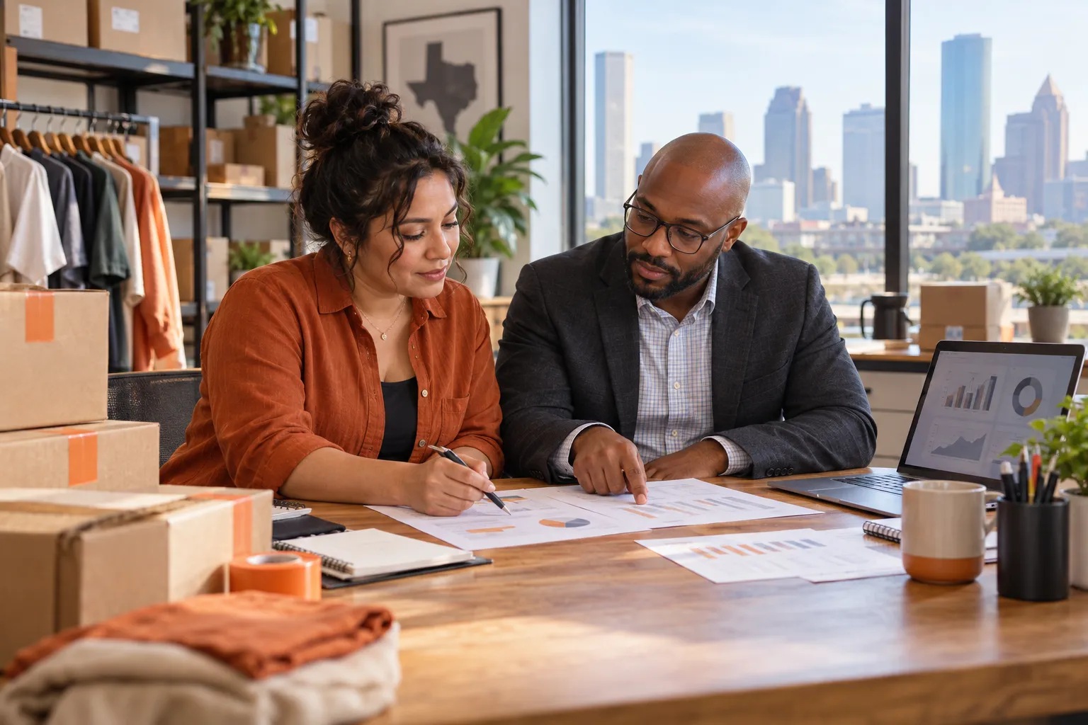 Houston marketplace seller and accountant reconciling sales reports, fees, refunds and bank deposits