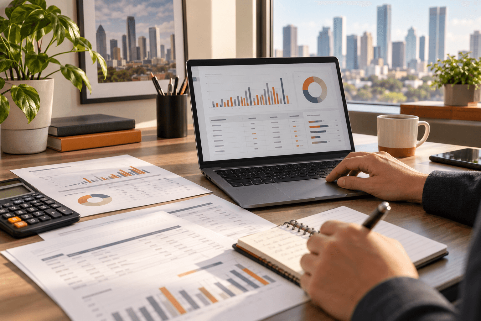 Accountant reconciling online marketplace payment reports with business records in a Houston office