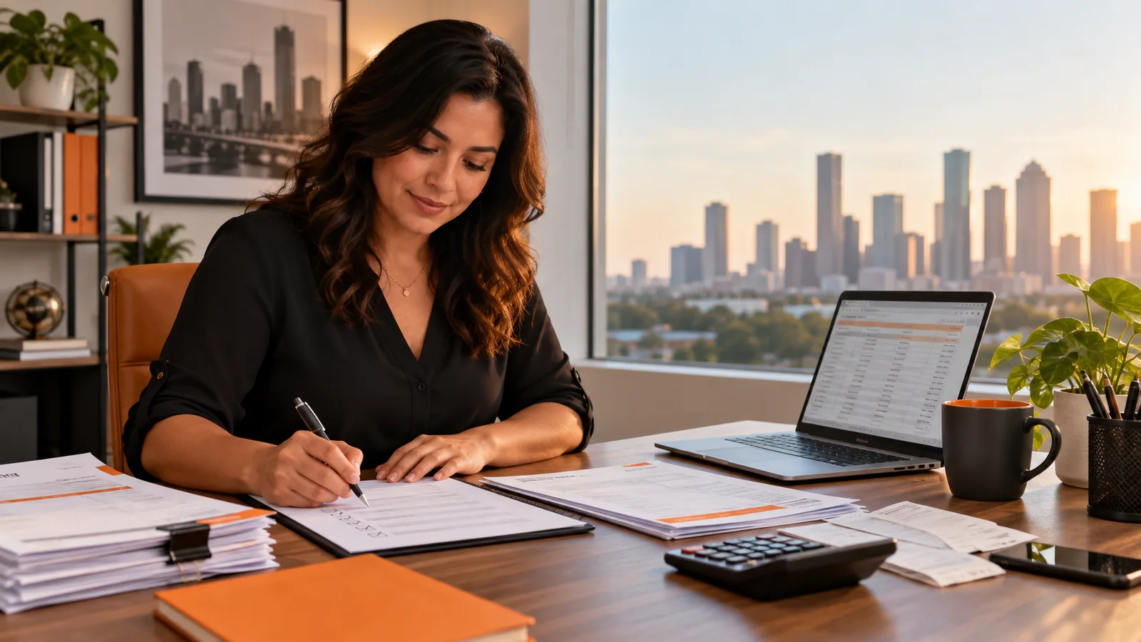 Business owner reviewing a month-end bookkeeping checklist beside a laptop and organized records